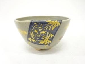 膳所焼　岩崎新定造　金彩色絵　凧揚げ　茶碗